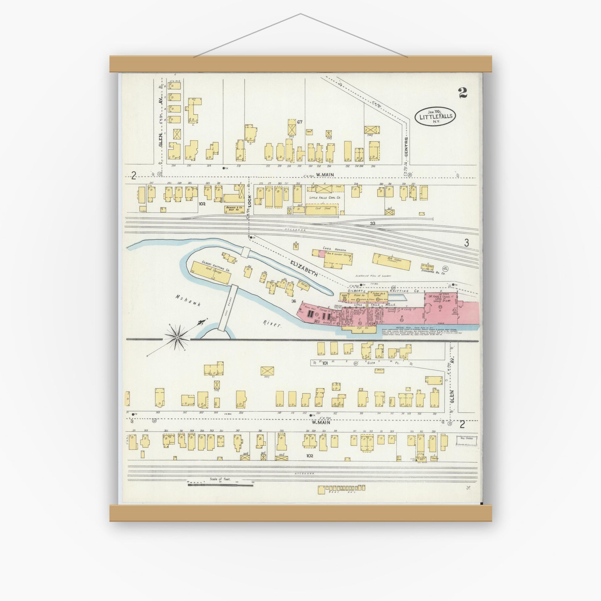Old map wall art mockup — magnetic wood frame on white wall — Sanborn Fire Insurance Map from Little Falls, Herkimer County, New York (1906), Sheet #0002