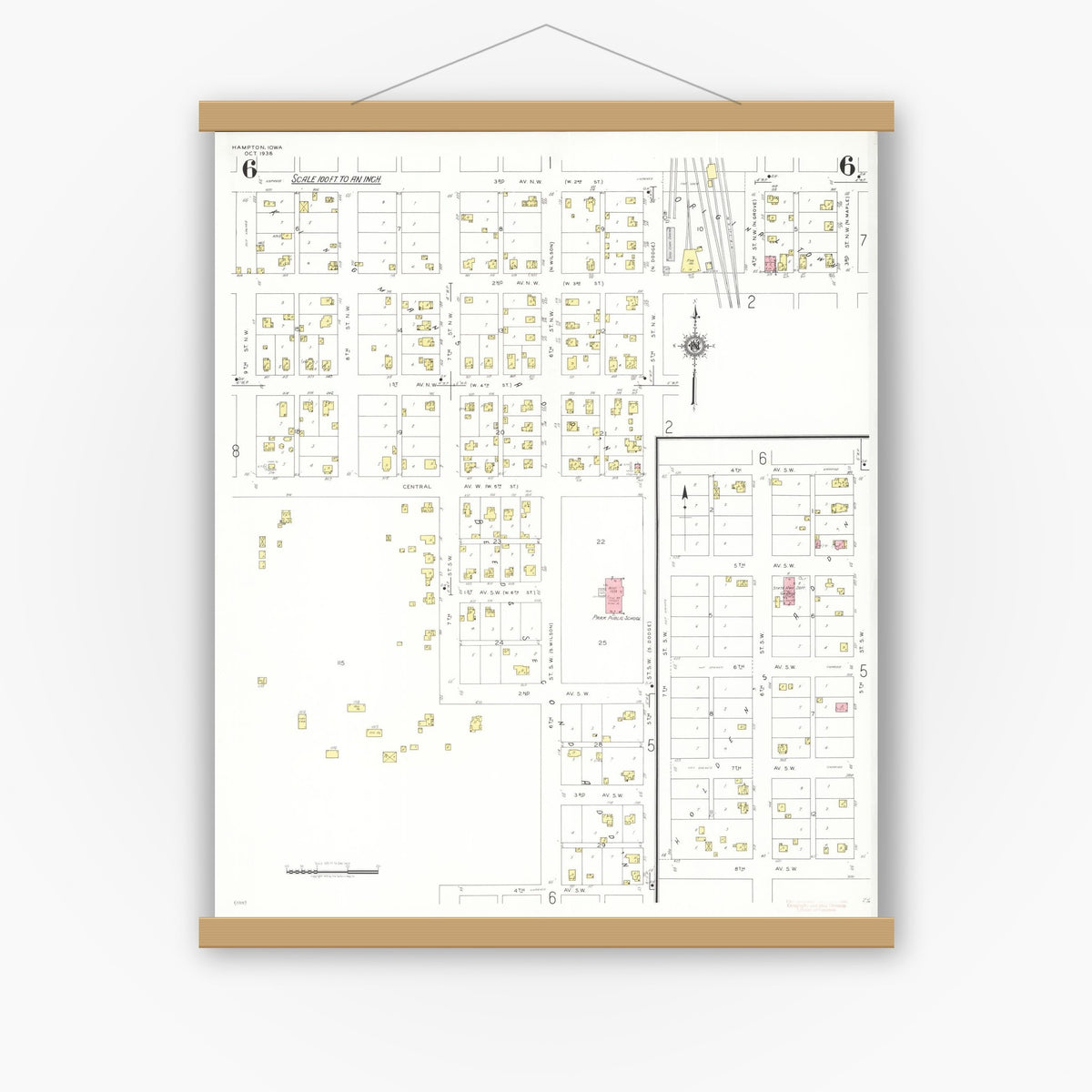 Old map wall art mockup — magnetic wood frame on white wall — Sanborn Fire Insurance Map from Hampton, Franklin County, Iowa (1938), Sheet #0006