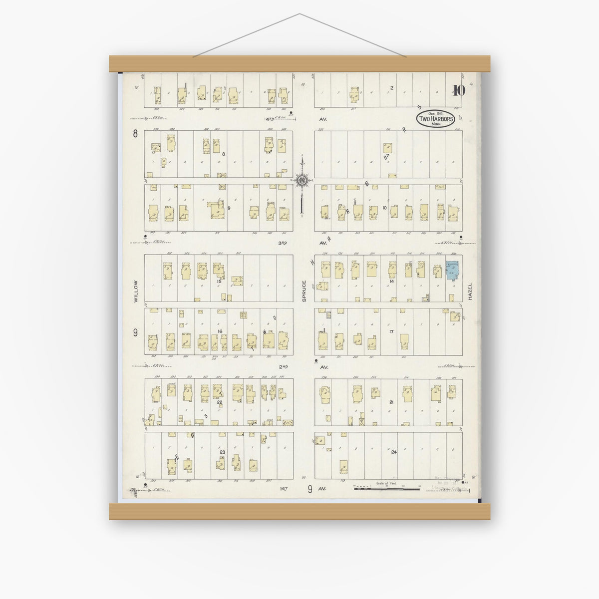 Old map wall art mockup — magnetic wood frame on white wall — Sanborn Fire Insurance Map from Two Harbors, Lake County, Minnesota (1914), Sheet #0010