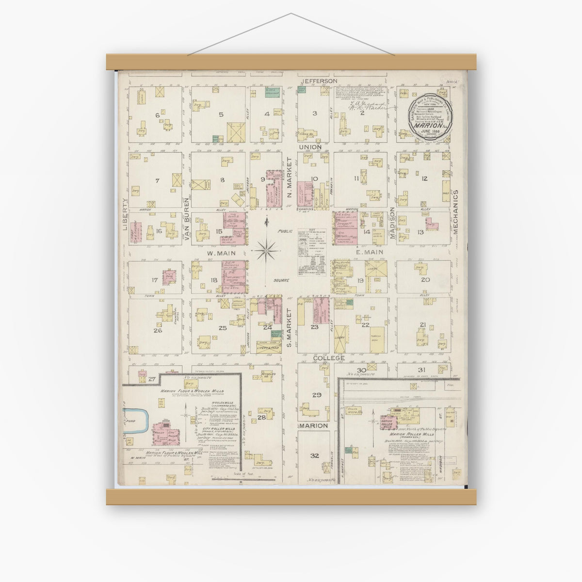 Old map wall art mockup — magnetic wood frame on white wall — Sanborn Fire Insurance Map from Marion, Williamson County, Illinois (1886), Sheet #0001