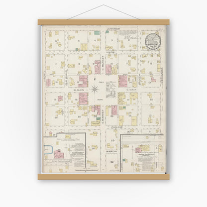Old map wall art mockup — magnetic wood frame on white wall — Sanborn Fire Insurance Map from Marion, Williamson County, Illinois (1886), Sheet #0001