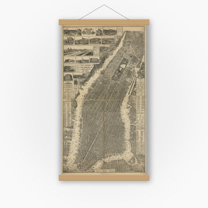 Old map wall art mockup — magnetic wood frame on white wall — The city of New York. (1879)