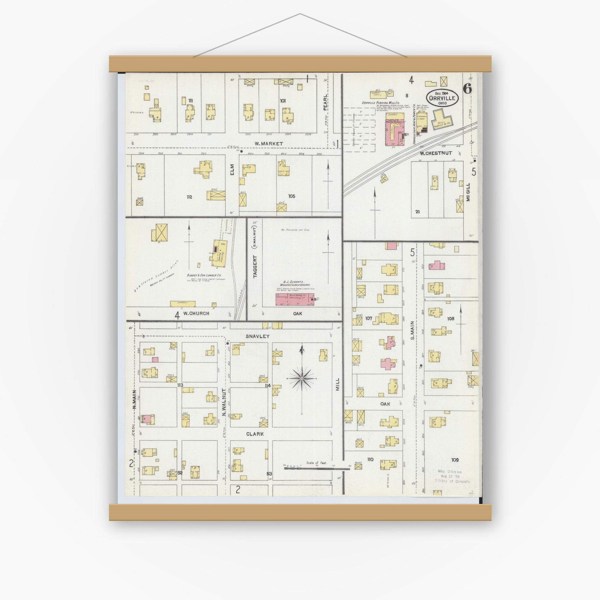 Old map wall art mockup — magnetic wood frame on white wall — Sanborn Fire Insurance Map from Orrville, Wayne County, Ohio (1904), Sheet #0006