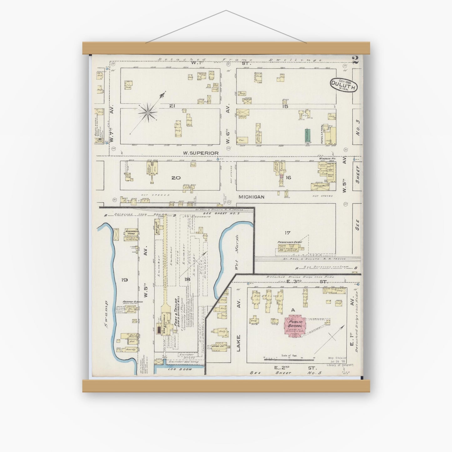 Old map wall art mockup — magnetic wood frame on white wall — Sanborn Fire Insurance Map from Duluth, Saint Louis County, Minnesota (1885), Sheet #0002