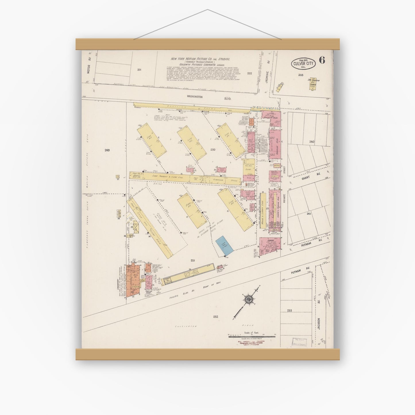 Old map wall art mockup — magnetic wood frame on white wall — Sanborn Fire Insurance Map from Culver City, Los Angeles County, California (1919), Sheet #0006