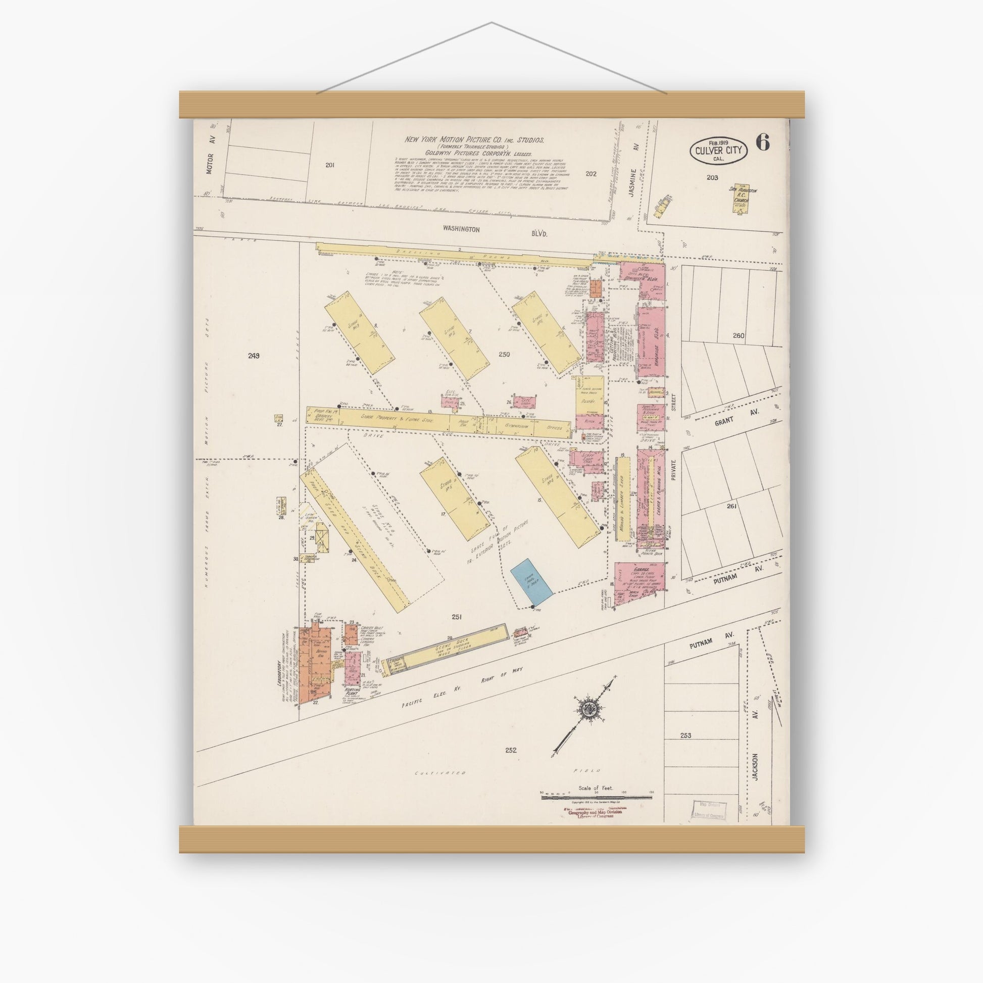 Old map wall art mockup — magnetic wood frame on white wall — Sanborn Fire Insurance Map from Culver City, Los Angeles County, California (1919), Sheet #0006