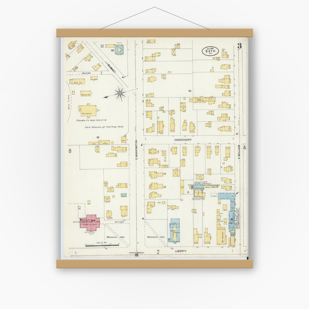 Old map wall art mockup — magnetic wood frame on white wall — Sanborn Fire Insurance Map from Bath, Steuben County, New York (1898), Sheet #0003