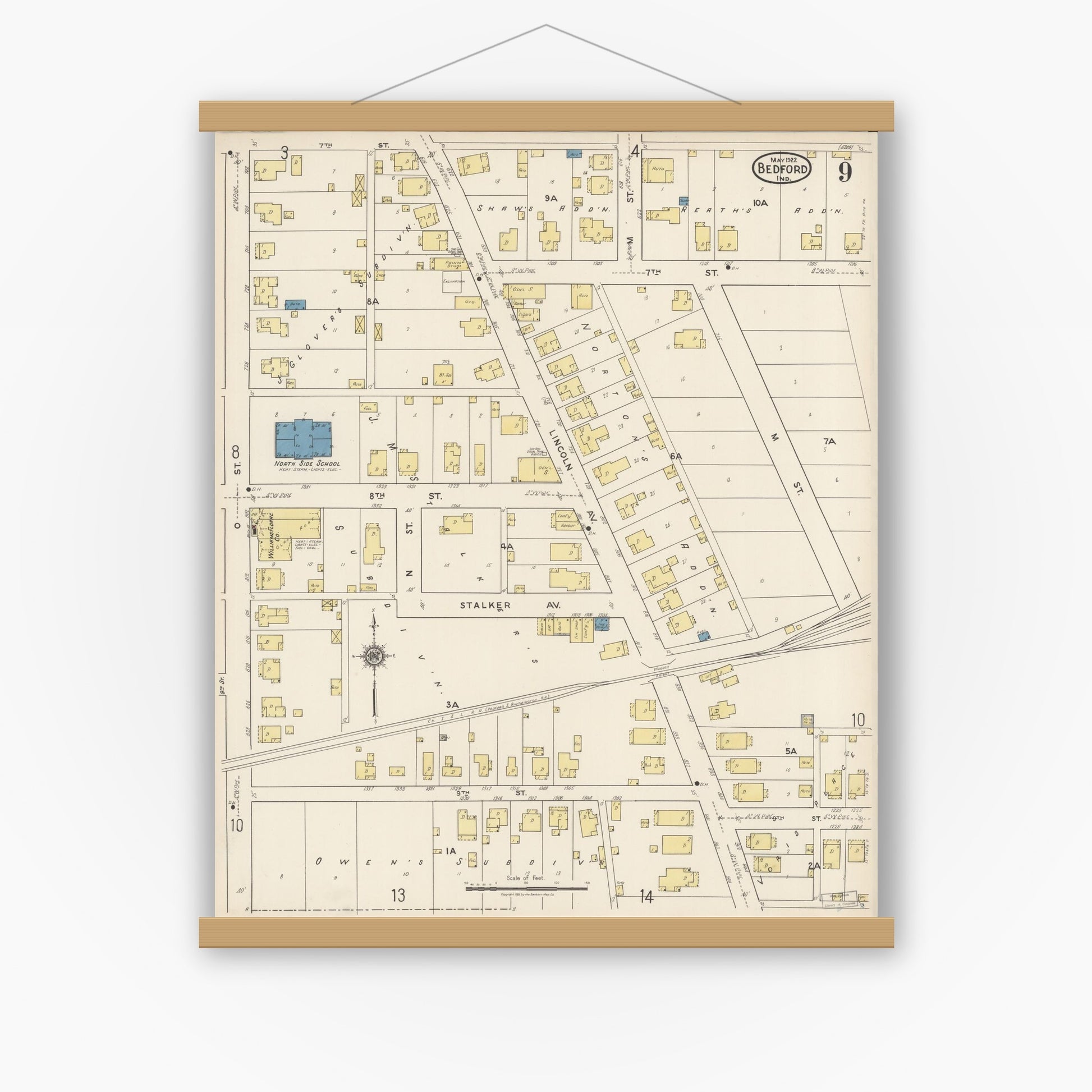 Old map wall art mockup — magnetic wood frame on white wall — Sanborn Fire Insurance Map from Bedford, Lawrence County, Indiana (1922), Sheet #0009