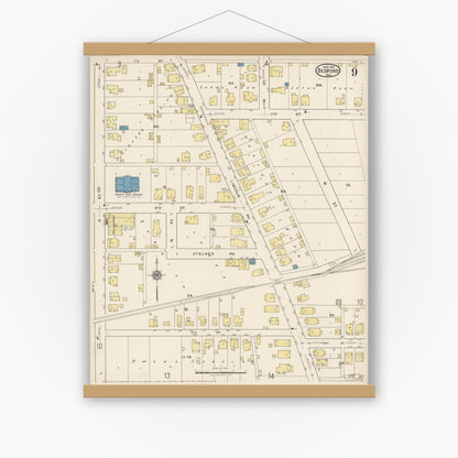 Old map wall art mockup — magnetic wood frame on white wall — Sanborn Fire Insurance Map from Bedford, Lawrence County, Indiana (1922), Sheet #0009