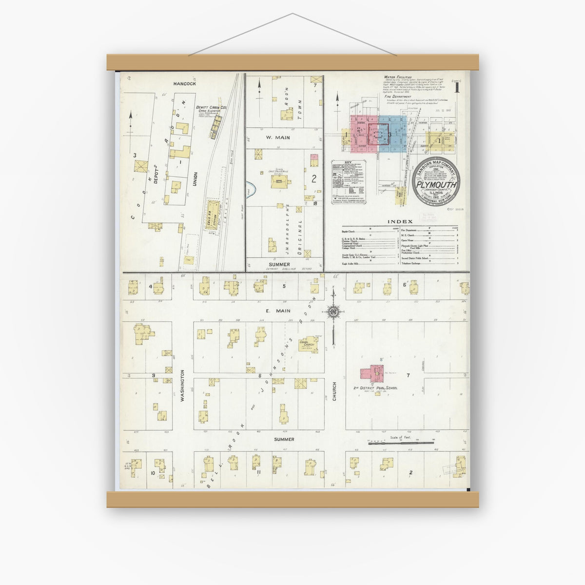 Old map wall art mockup — magnetic wood frame on white wall — Sanborn Fire Insurance Map from Plymouth, Hancock County, Illinois (1912), Sheet #0001