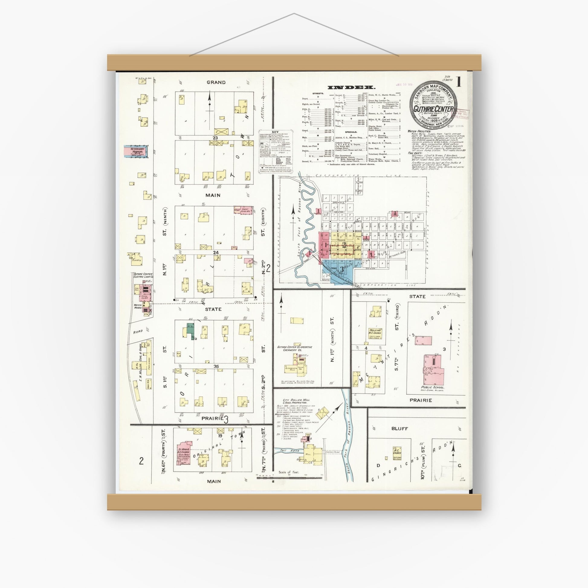 Old map wall art mockup — magnetic wood frame on white wall — Sanborn Fire Insurance Map from Guthrie Center, Guthrie County, Iowa (1909) â€” Complete Set