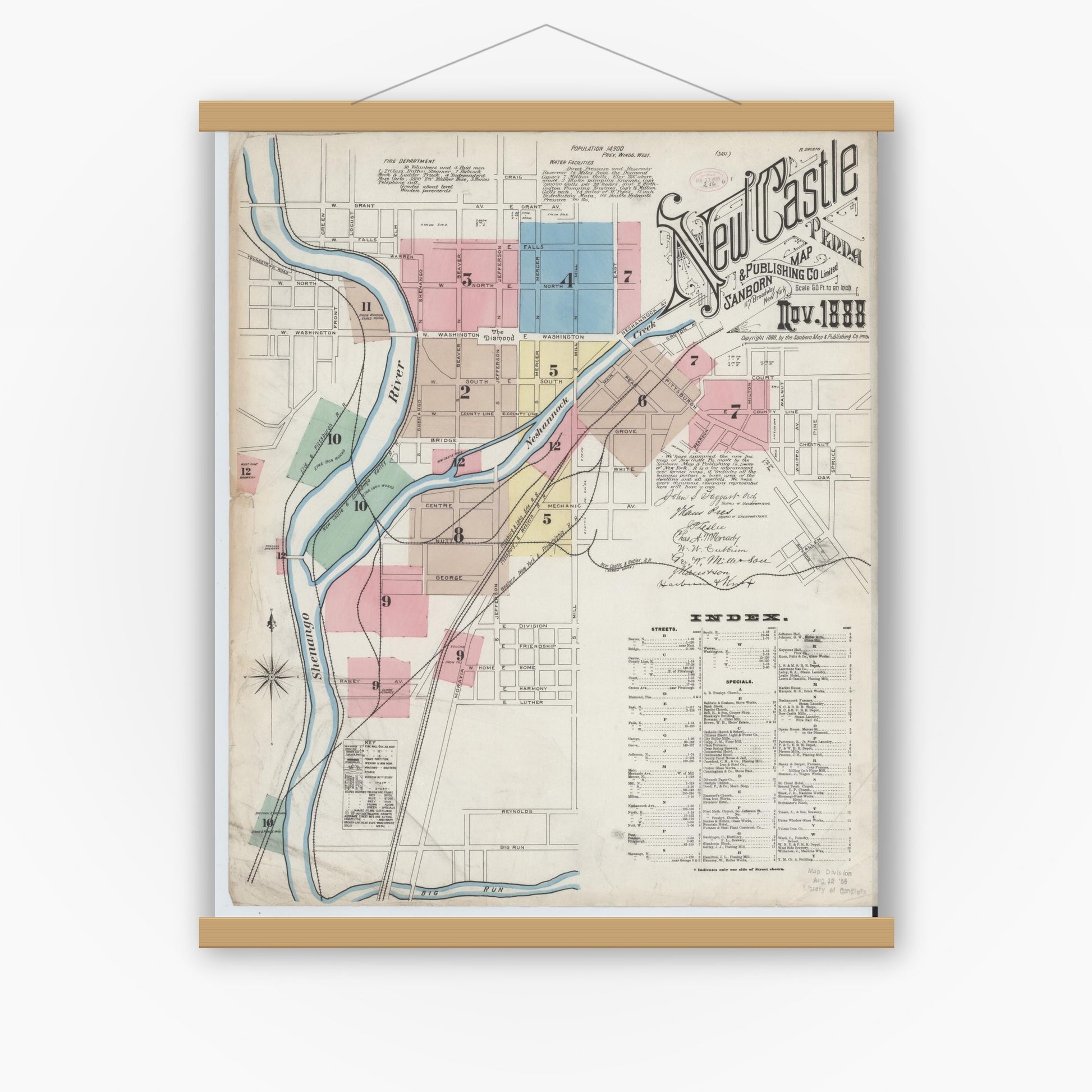 Old map wall art mockup — magnetic wood frame on white wall — Sanborn Fire Insurance Map from New Castle, Lawrence County, Pennsylvania (1888) - Complete Map Set