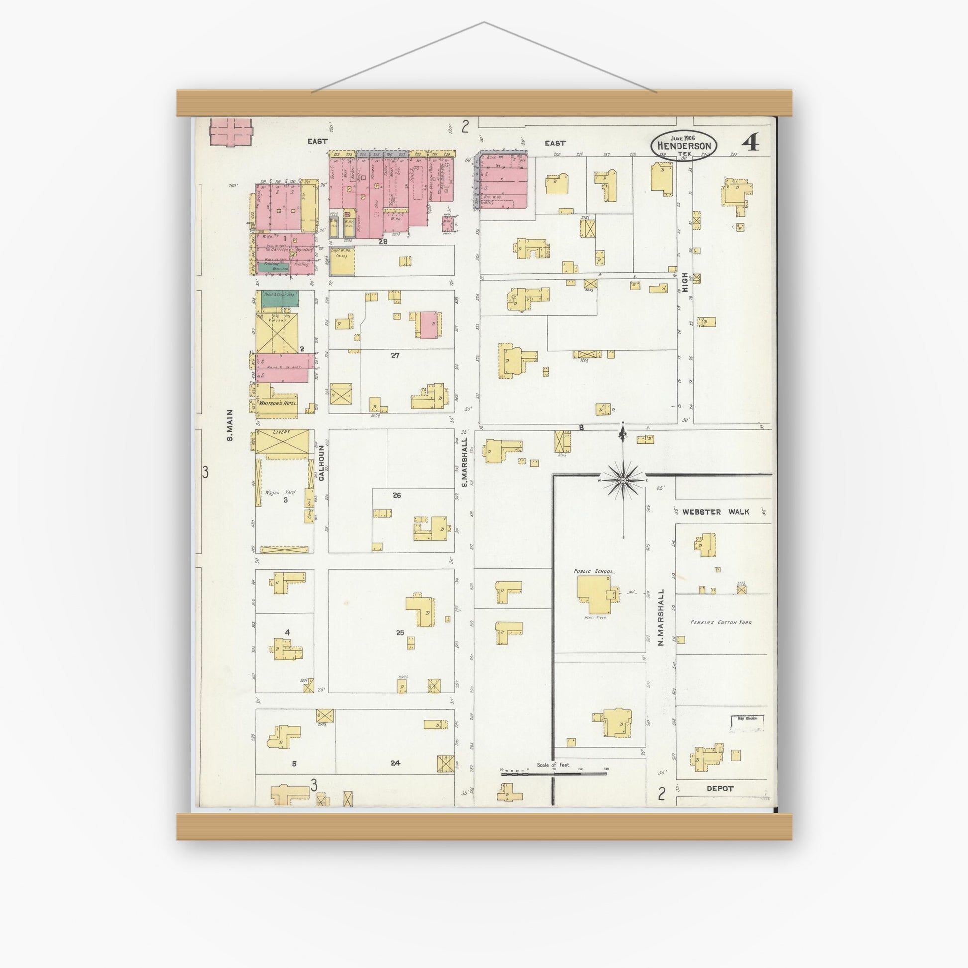 Old map wall art mockup — magnetic wood frame on white wall — Sanborn Fire Insurance Map from Henderson, Rusk County, Texas (1906), Sheet #0004