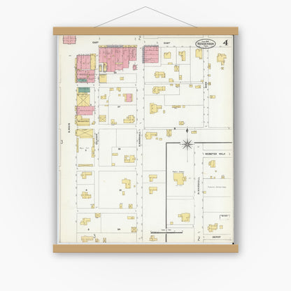 Old map wall art mockup — magnetic wood frame on white wall — Sanborn Fire Insurance Map from Henderson, Rusk County, Texas (1906), Sheet #0004