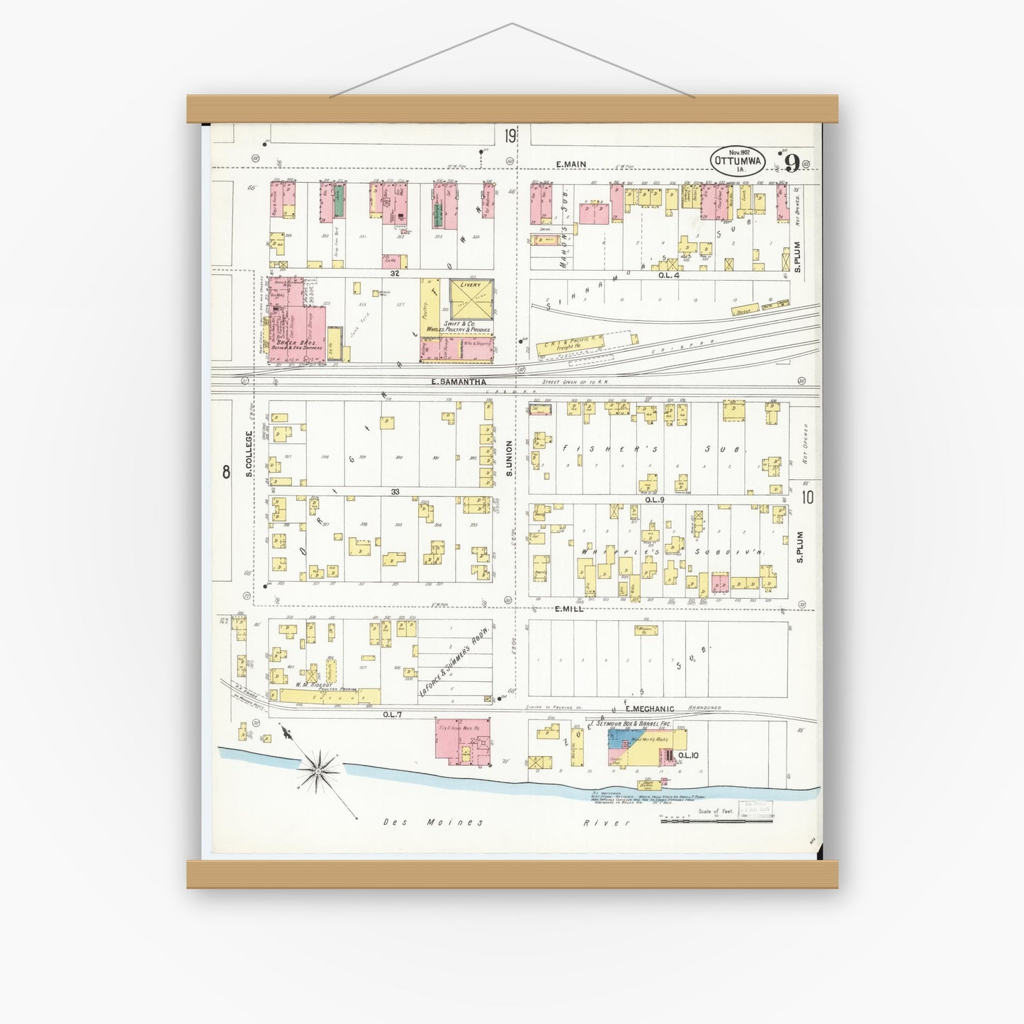 Old map wall art mockup — magnetic wood frame on white wall — Sanborn Fire Insurance Map from Ottumwa, Wapello County, Iowa (1902), Sheet #0009