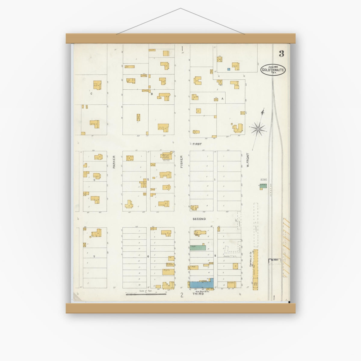 Old map wall art mockup — magnetic wood frame on white wall — Sanborn Fire Insurance Map from Goldthwaite, Mills County, Texas (1904), Sheet #0003