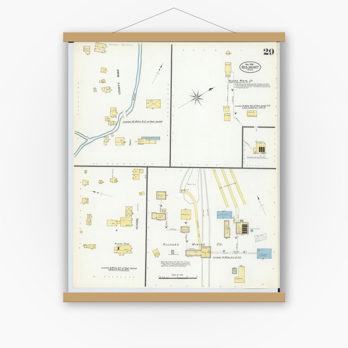 Old map wall art mockup — magnetic wood frame on white wall — Sanborn Fire Insurance Map from Red Jacket, Houghton County, Michigan (1908), Sheet #0029