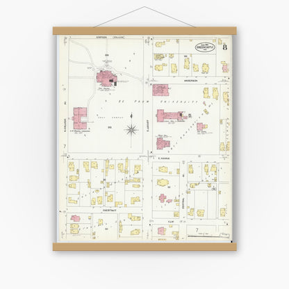 Old map wall art mockup — magnetic wood frame on white wall — Sanborn Fire Insurance Map from Greencastle, Putnam County, Indiana (1907), Sheet #0008