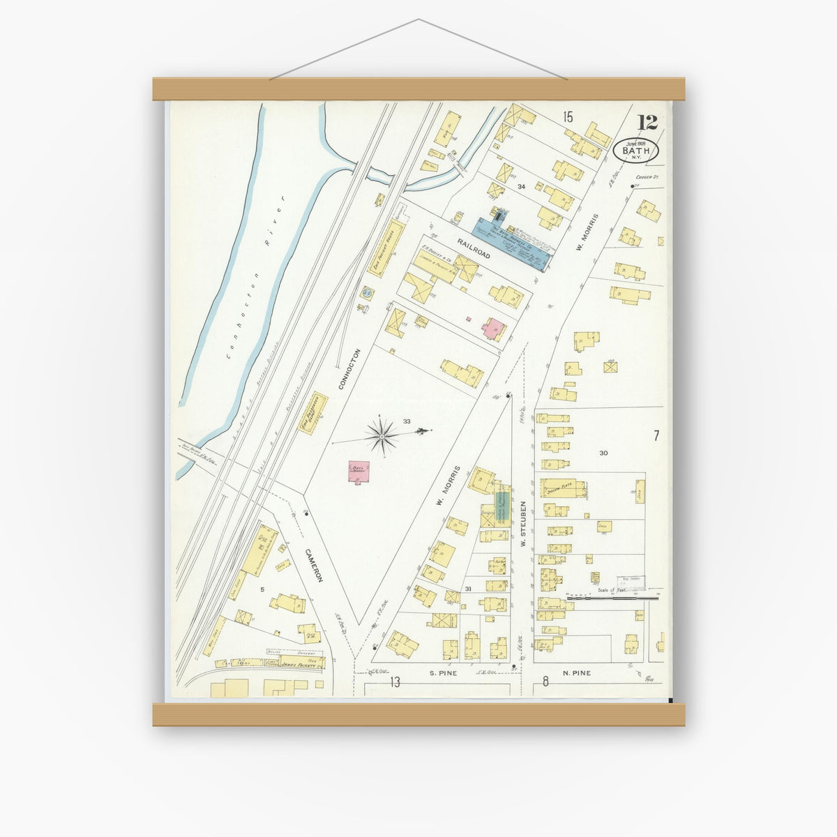 Old map wall art mockup — magnetic wood frame on white wall — Sanborn Fire Insurance Map from Bath, Steuben County, New York (1909), Sheet #0012