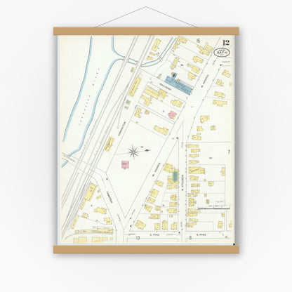 Old map wall art mockup — magnetic wood frame on white wall — Sanborn Fire Insurance Map from Bath, Steuben County, New York (1909), Sheet #0012