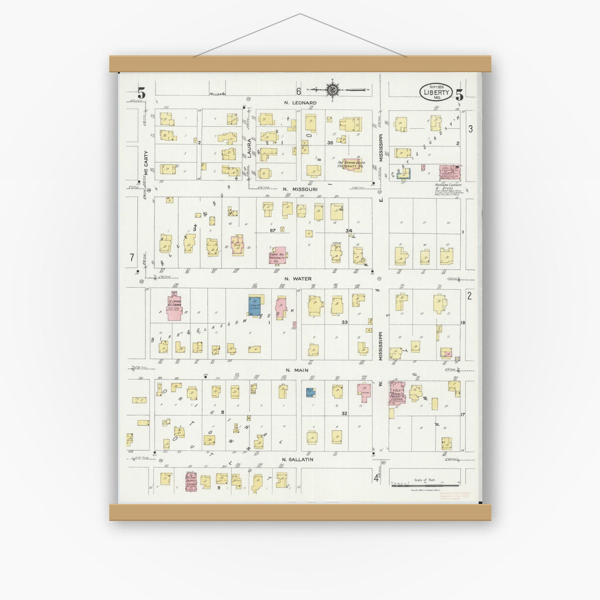 Old map wall art mockup — magnetic wood frame on white wall — Sanborn Fire Insurance Map from Leadwood, Saint Francois County, Missouri (1927), Sheet #0005