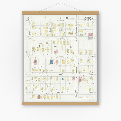 Old map wall art mockup — magnetic wood frame on white wall — Sanborn Fire Insurance Map from Leadwood, Saint Francois County, Missouri (1927), Sheet #0005