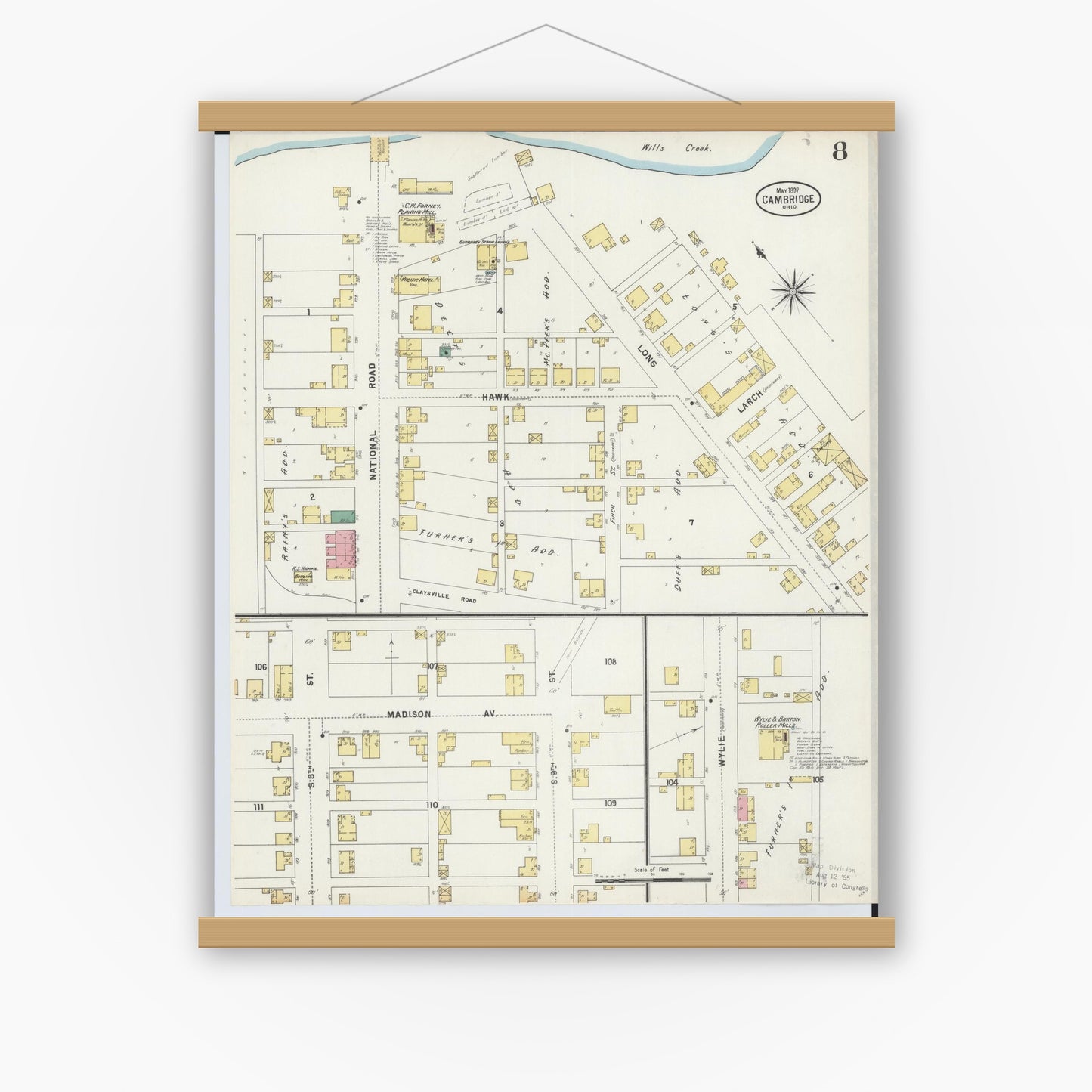 Old map wall art mockup — magnetic wood frame on white wall — Sanborn Fire Insurance Map from Cambridge, Guernsey County, Ohio (1897), Sheet #0008