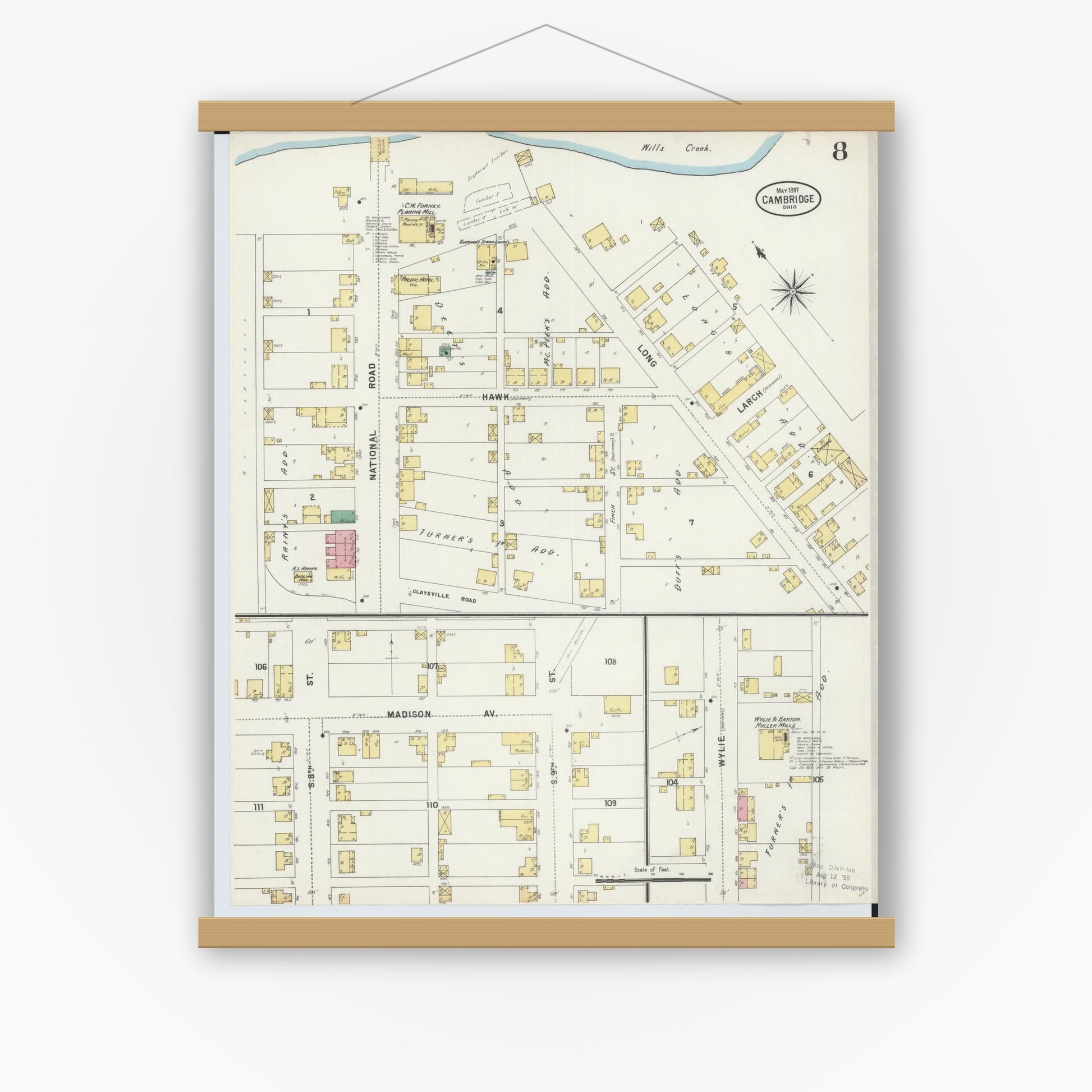Old map wall art mockup — magnetic wood frame on white wall — Sanborn Fire Insurance Map from Cambridge, Guernsey County, Ohio (1897), Sheet #0008