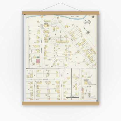 Old map wall art mockup — magnetic wood frame on white wall — Sanborn Fire Insurance Map from Cambridge, Guernsey County, Ohio (1897), Sheet #0008