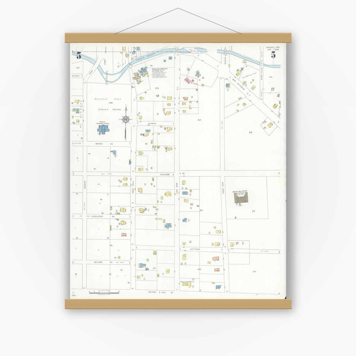 Old map wall art mockup — magnetic wood frame on white wall — Sanborn Fire Insurance Map from Mason, Mason County, Texas (1936), Sheet #0005