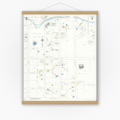 Old map wall art mockup — magnetic wood frame on white wall — Sanborn Fire Insurance Map from Mason, Mason County, Texas (1936), Sheet #0005