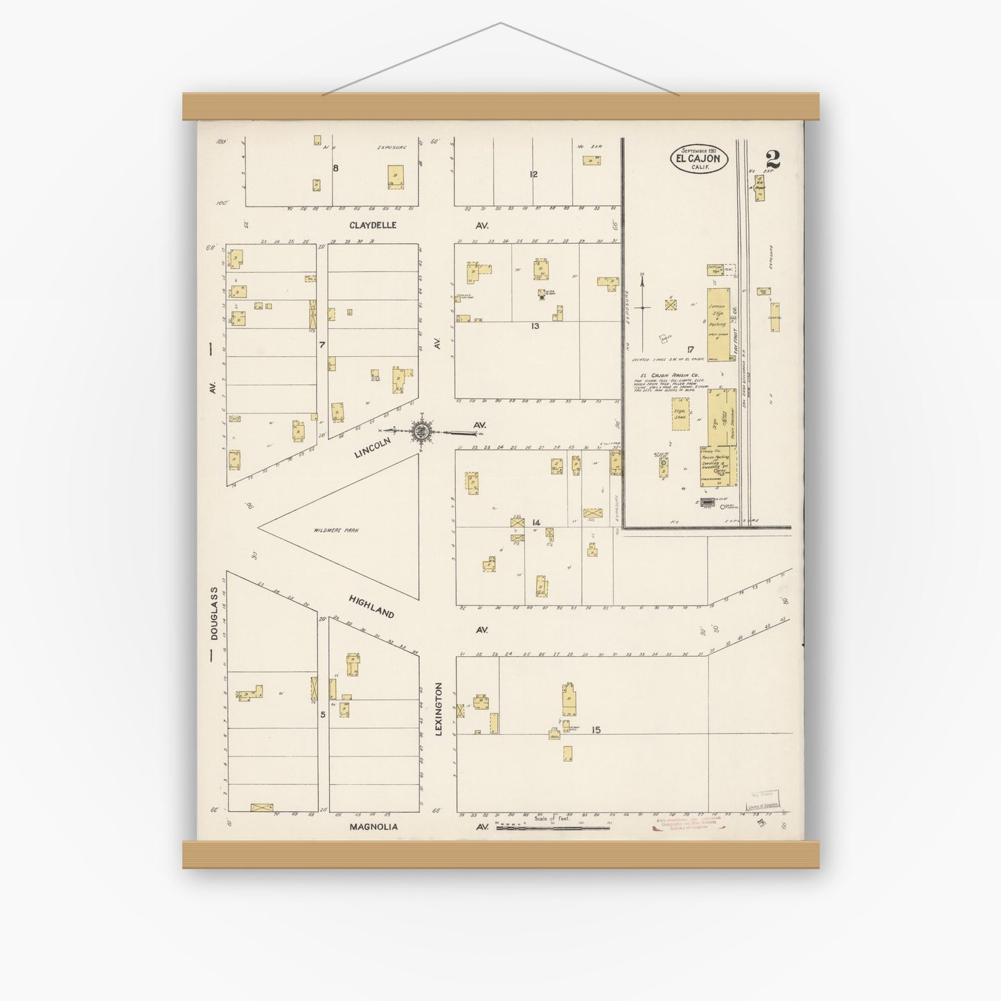 Old map wall art mockup — magnetic wood frame on white wall — Sanborn Fire Insurance Map from El Cajon, San Diego County, California (1911), Sheet #0002