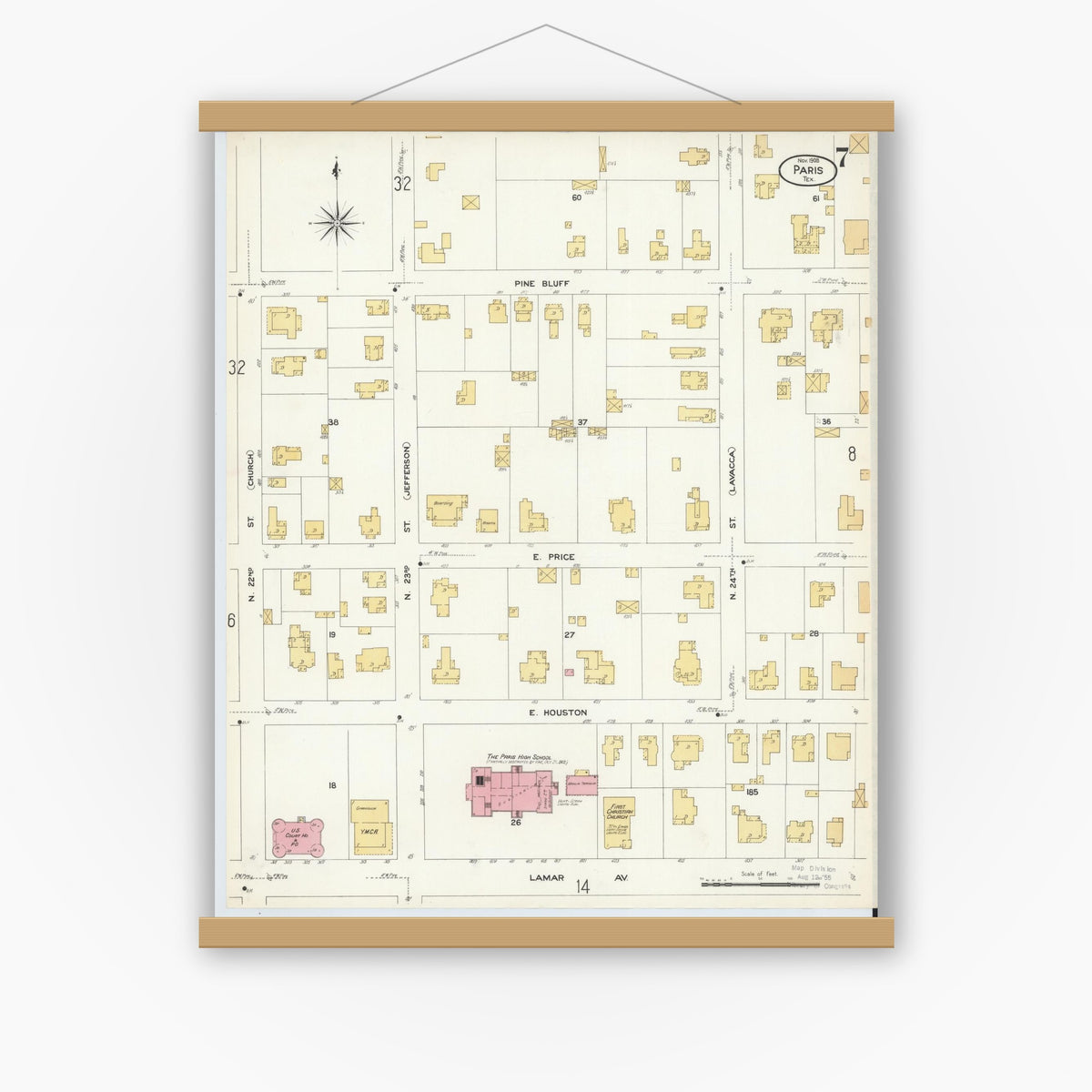 Old map wall art mockup — magnetic wood frame on white wall — Sanborn Fire Insurance Map from Paris, Lamar County, Texas (1908), Sheet #0007