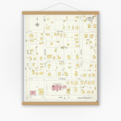Old map wall art mockup — magnetic wood frame on white wall — Sanborn Fire Insurance Map from Paris, Lamar County, Texas (1908), Sheet #0007