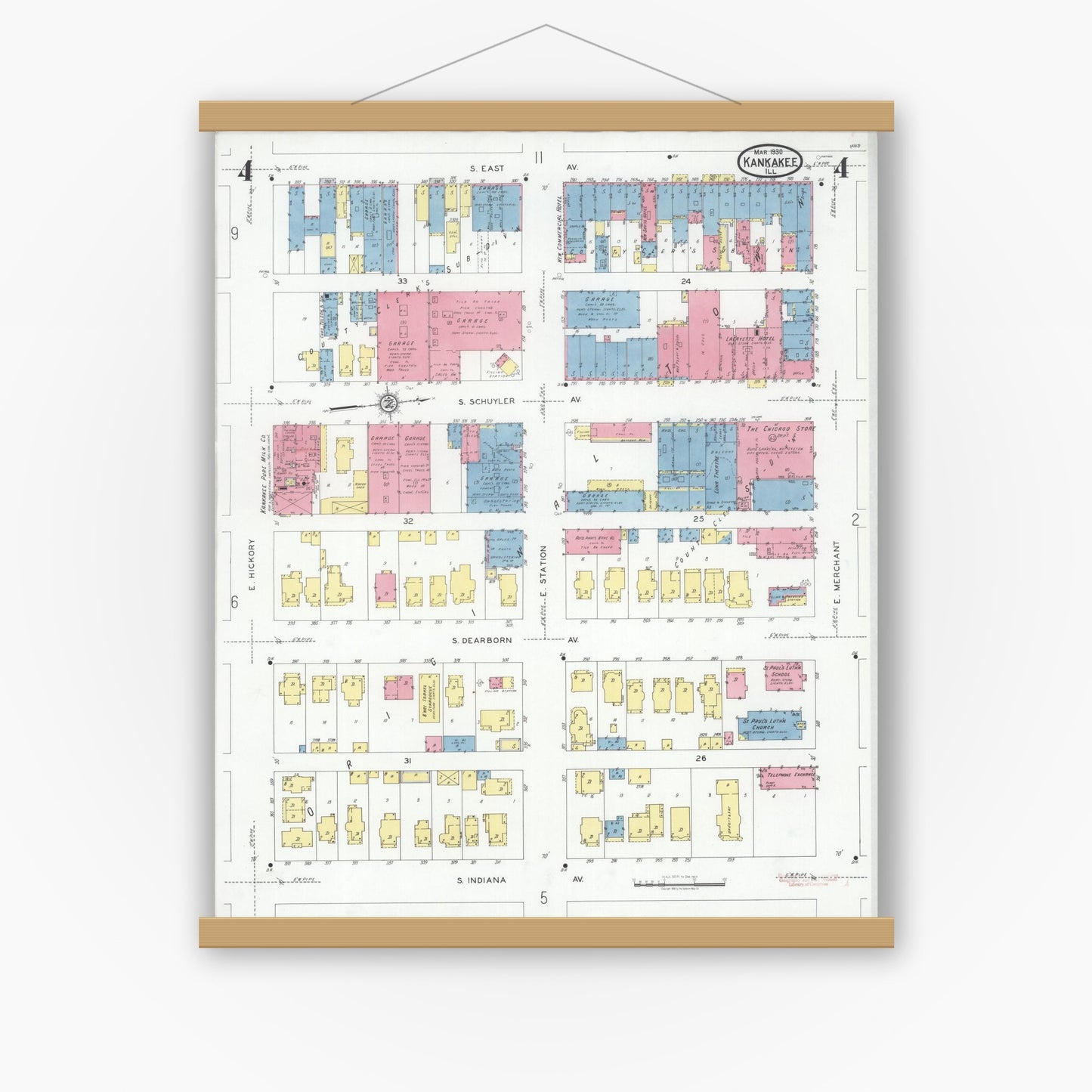 Old map wall art mockup — magnetic wood frame on white wall — Sanborn Fire Insurance Map from Kankakee, Kankakee County, Illinois (1930), Sheet #0004