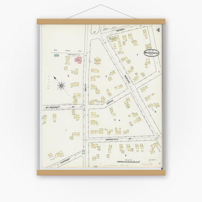 Old map wall art mockup — magnetic wood frame on white wall — Sanborn Fire Insurance Map from Bridgewater, Plymouth County, Massachusetts (1891), Sheet #0004