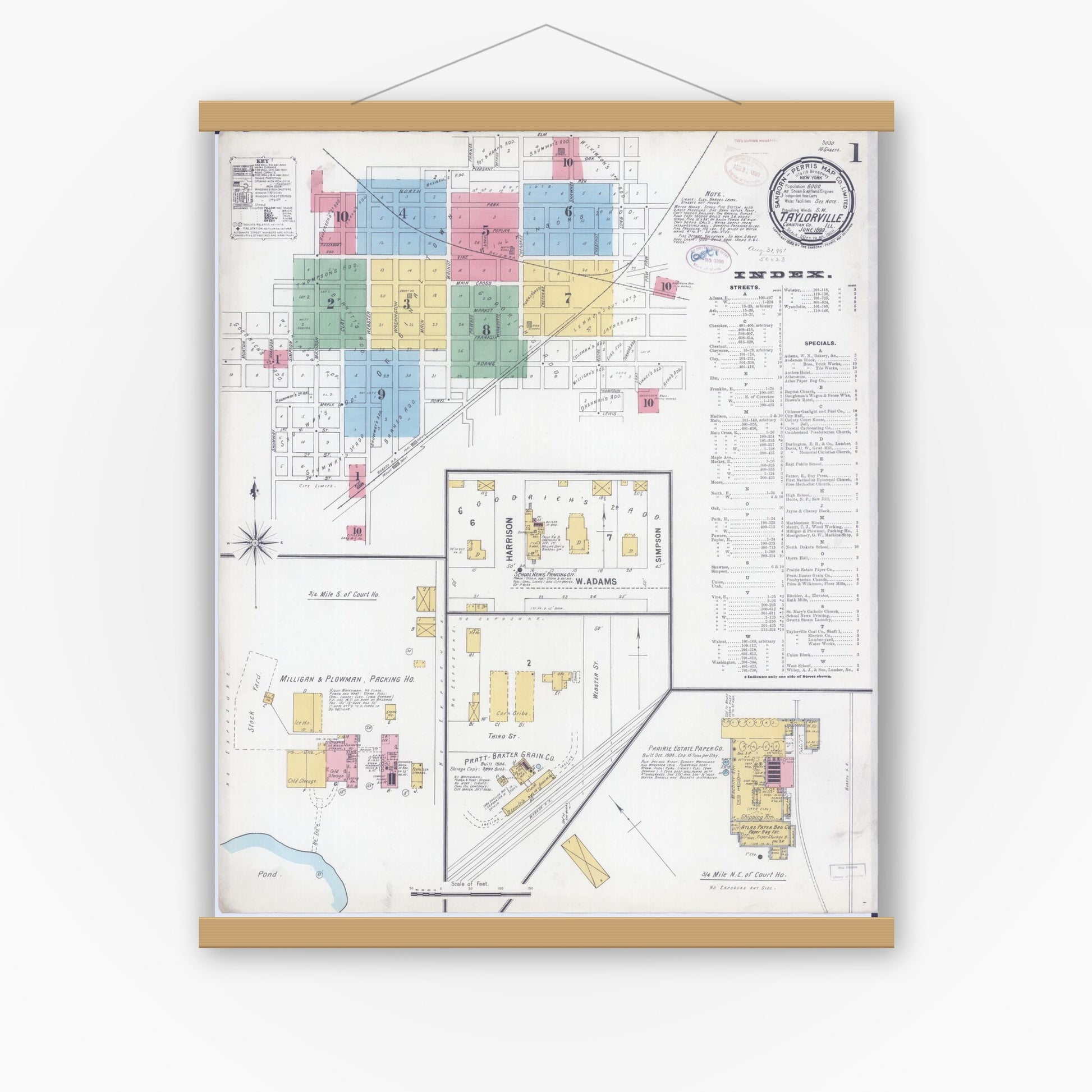 Old map wall art mockup — magnetic wood frame on white wall — Sanborn Fire Insurance Map from Taylorville, Christian County, Illinois (1899) - Complete Map Set