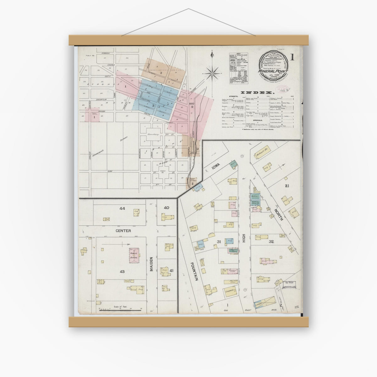 Old map wall art mockup — magnetic wood frame on white wall — Sanborn Fire Insurance Map from Mineral Point, Iowa County, Wisconsin (1889) - Complete Map Set