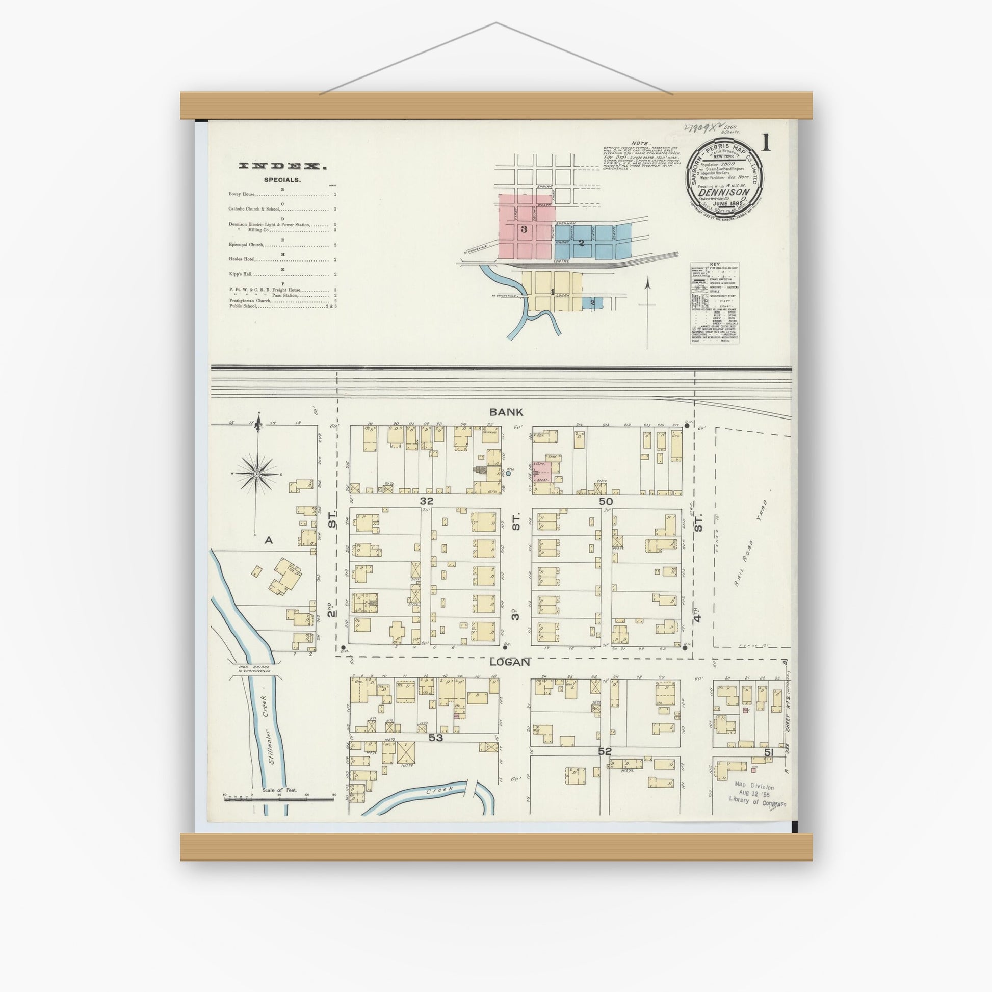 Old map wall art mockup — magnetic wood frame on white wall — Sanborn Fire Insurance Map from Dennison, Tuscarawas County, Ohio (1892) - Complete Map Set
