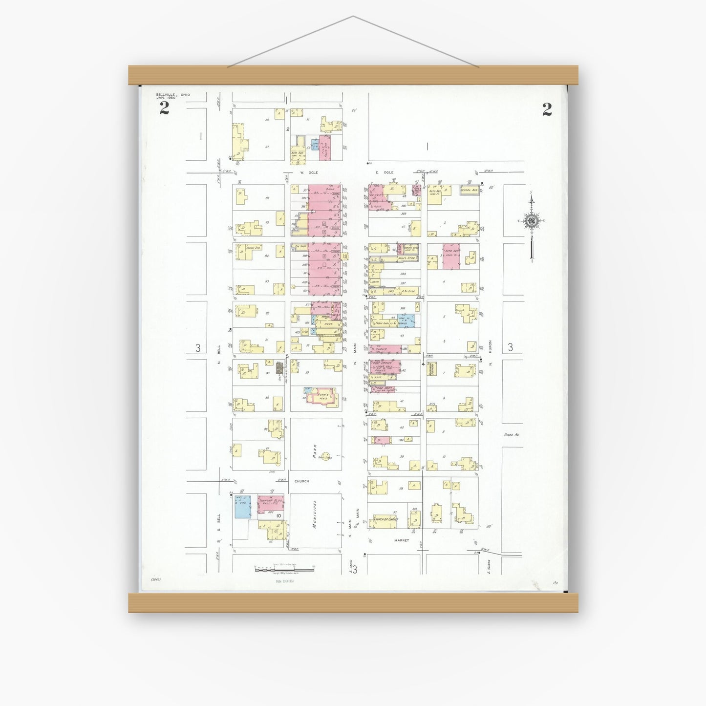 Old map wall art mockup — magnetic wood frame on white wall — Sanborn Fire Insurance Map from Bellville, Richland County, Ohio (1950), Sheet #0002