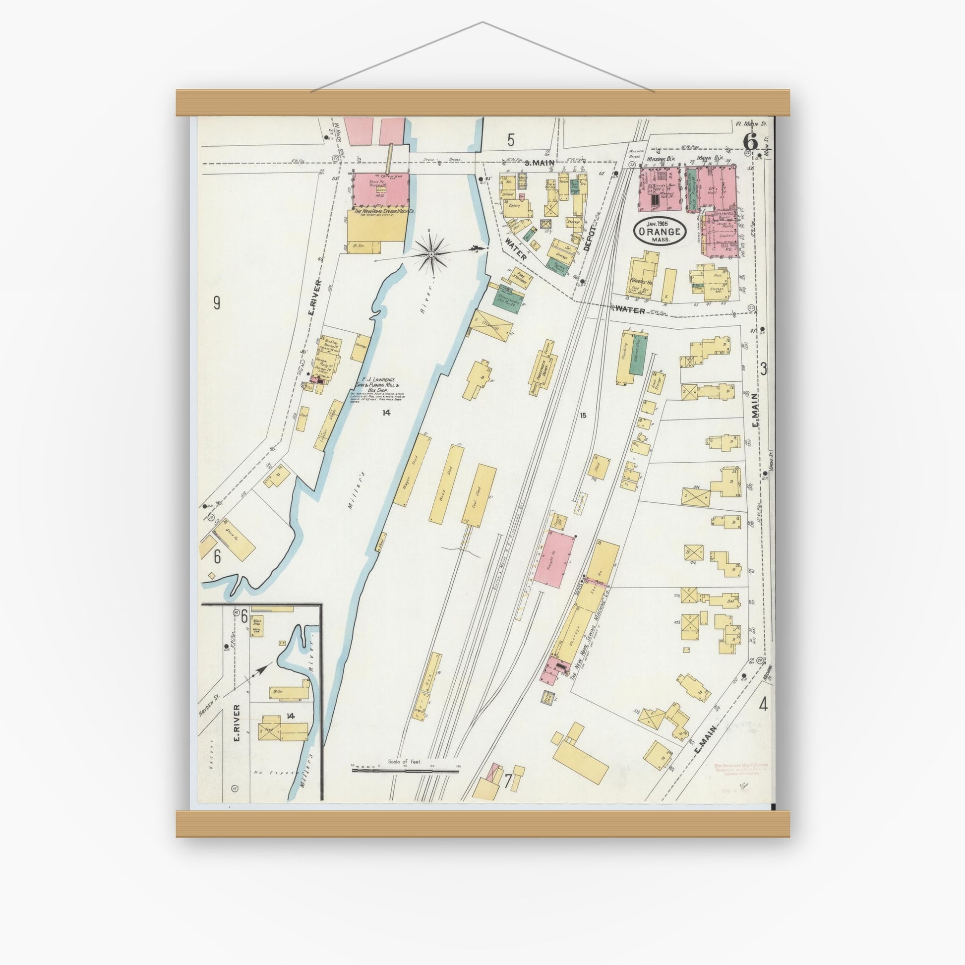 Old map wall art mockup — magnetic wood frame on white wall — Sanborn Fire Insurance Map from Orange, Franklin County, Massachusetts (1905), Sheet #0006