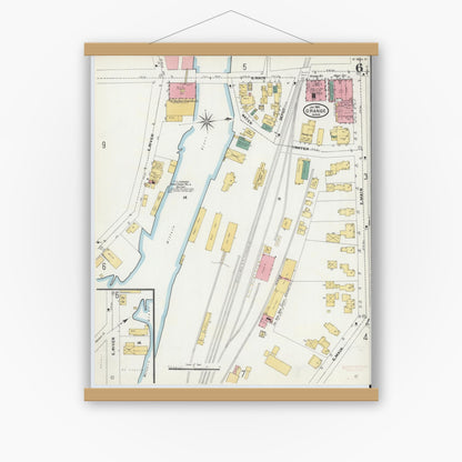 Old map wall art mockup — magnetic wood frame on white wall — Sanborn Fire Insurance Map from Orange, Franklin County, Massachusetts (1905), Sheet #0006