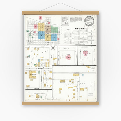 Old map wall art mockup — magnetic wood frame on white wall — Sanborn Fire Insurance Map from Knoxville, Marion County, Iowa (1899) â€” Complete Set