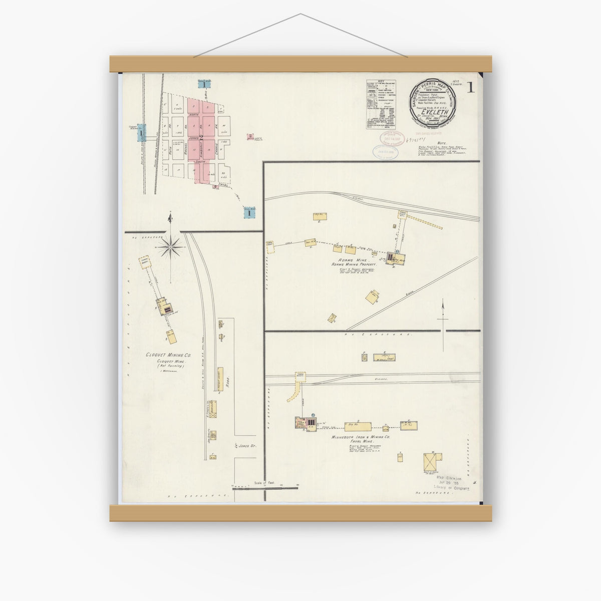 Old map wall art mockup — magnetic wood frame on white wall — Sanborn Fire Insurance Map from Eveleth, Saint Louis County, Minnesota (1897) - Complete Map Set
