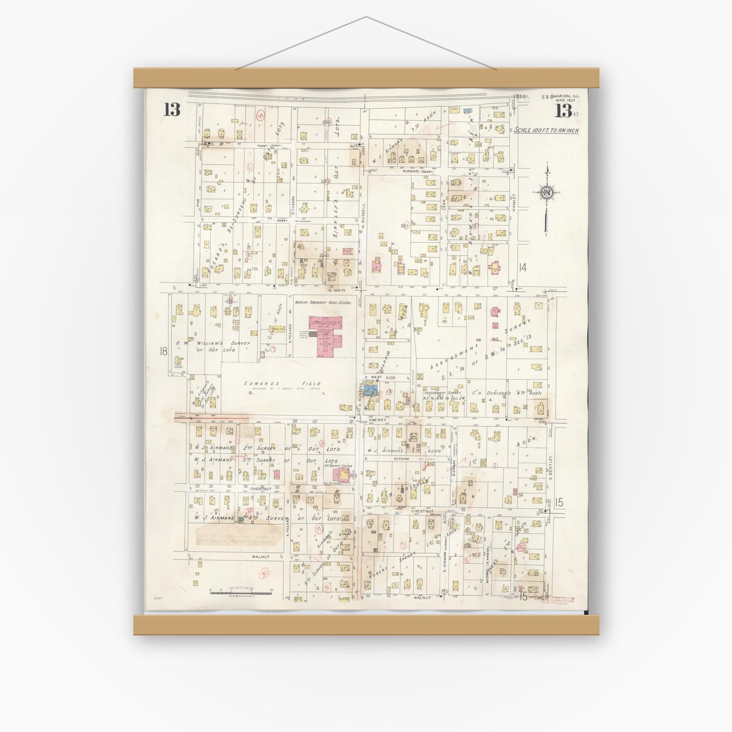 Old map wall art mockup — magnetic wood frame on white wall — Sanborn Fire Insurance Map from Marion, Williamson County, Illinois (1946), Sheet #0013