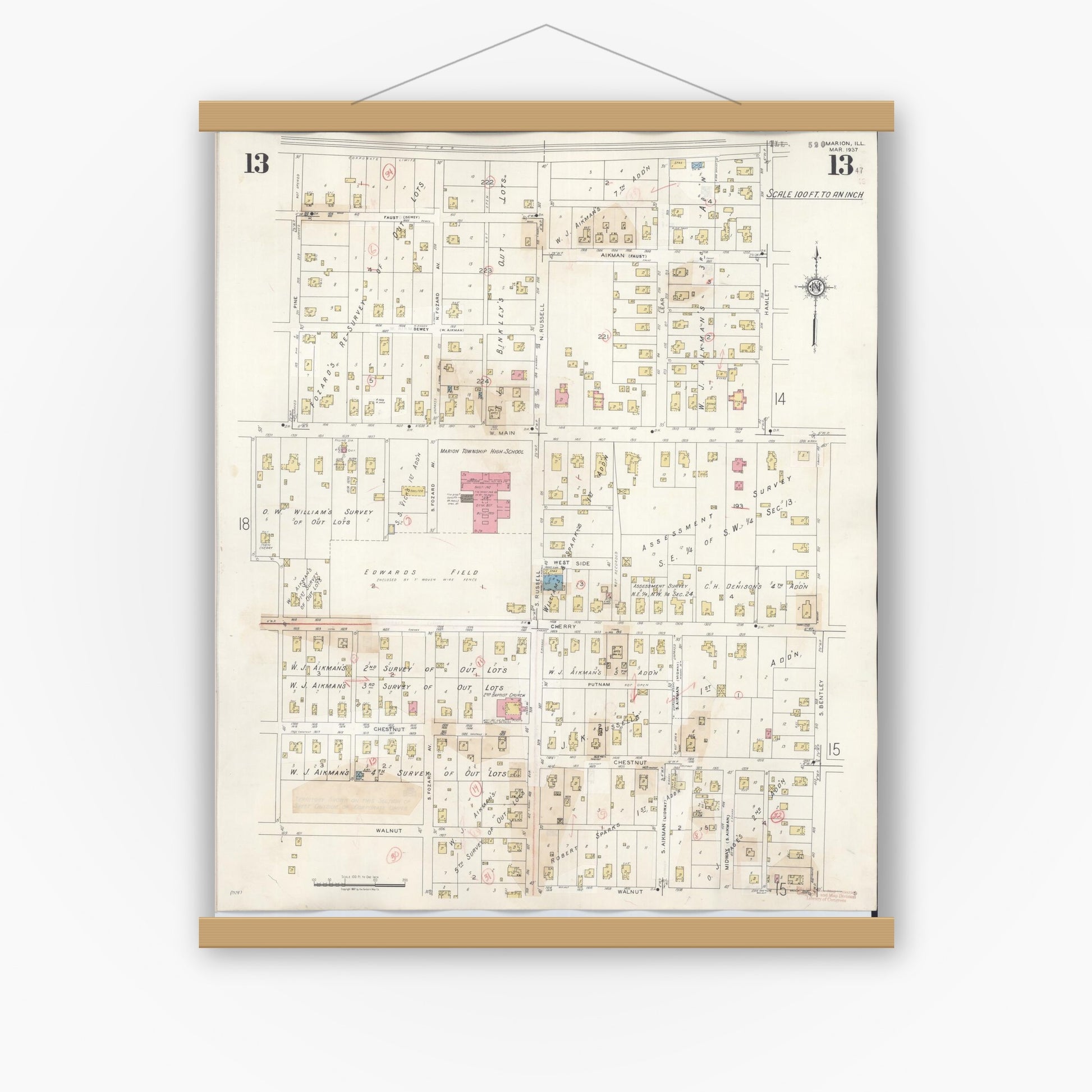 Old map wall art mockup — magnetic wood frame on white wall — Sanborn Fire Insurance Map from Marion, Williamson County, Illinois (1946), Sheet #0013