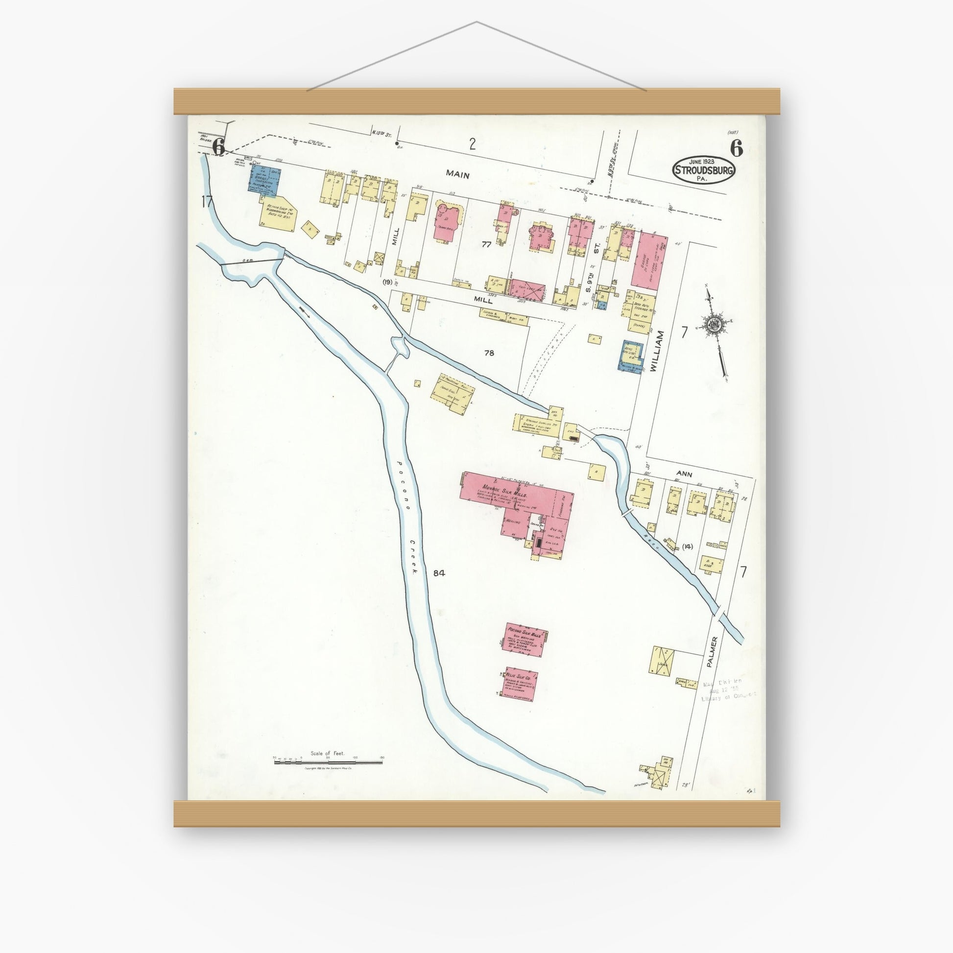 Old map wall art mockup — magnetic wood frame on white wall — Sanborn Fire Insurance Map from Stroudsburg, Monroe County, Pennsylvania (1923), Sheet #0006