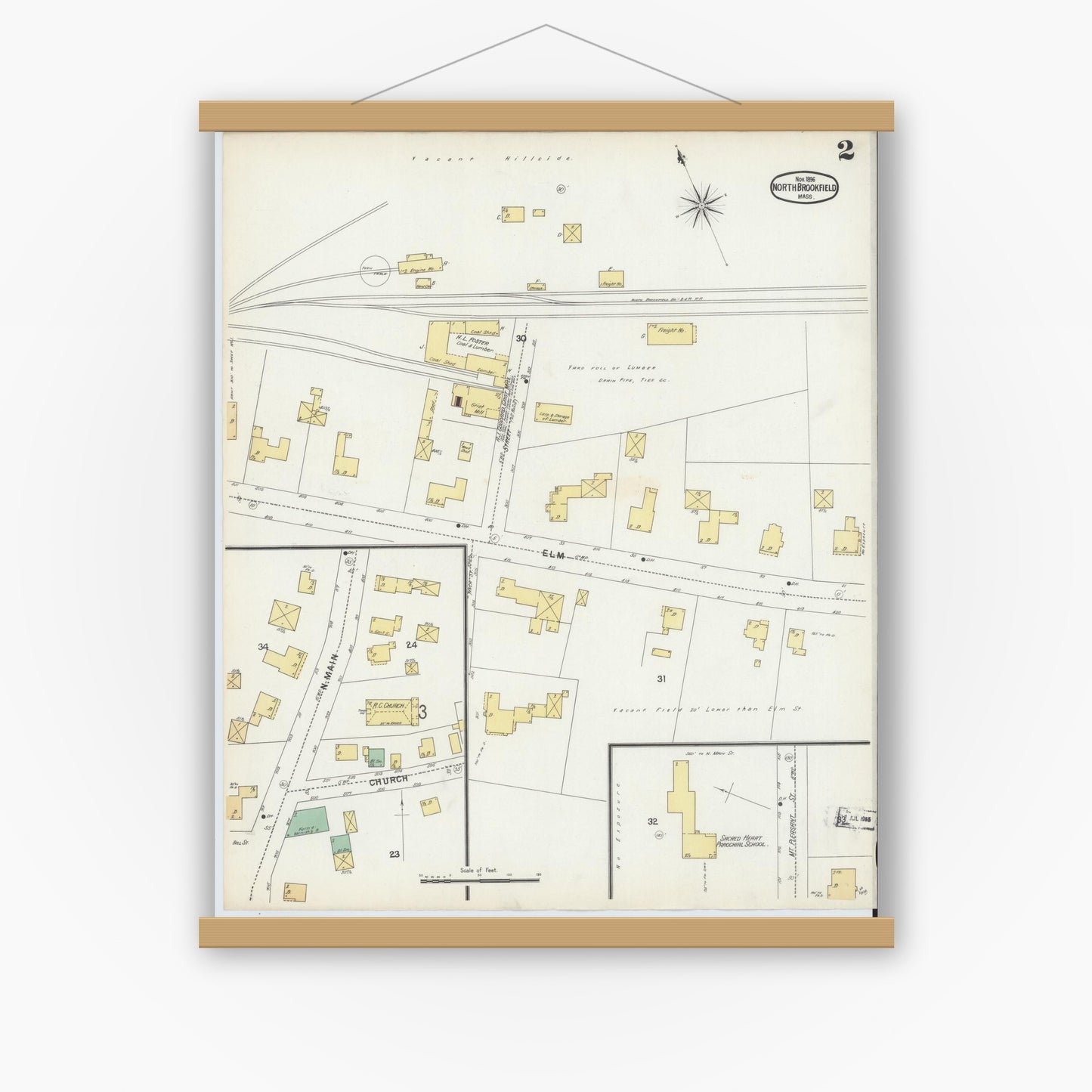 Old map wall art mockup — magnetic wood frame on white wall — Sanborn Fire Insurance Map from North Brookfield, Worcester County, Massachusetts (1896), Sheet #0002