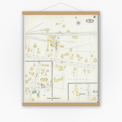Old map wall art mockup — magnetic wood frame on white wall — Sanborn Fire Insurance Map from North Brookfield, Worcester County, Massachusetts (1896), Sheet #0002