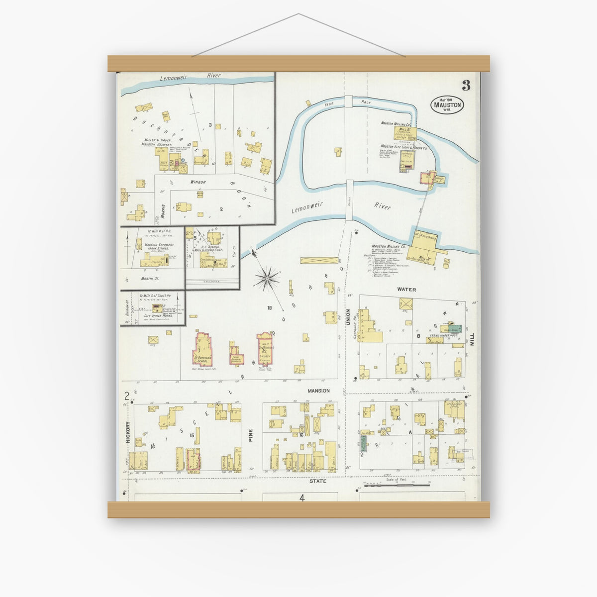 Old map wall art mockup — magnetic wood frame on white wall — Sanborn Fire Insurance Map from Mauston, Juneau County, Wisconsin (1901), Sheet #0003